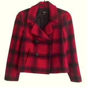 Talbots Red & Black Plaid Double Breasted Wool Jacket/Blazer Pockets Lined Sz 8P